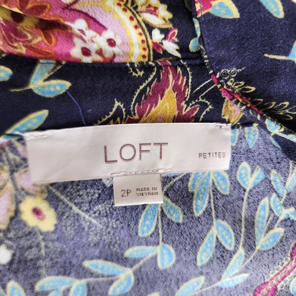 LOFT Black Colorful Floral Long Puff Sleeve Button-Down Sheath Dress Petite 2P - Picture 9 of 14